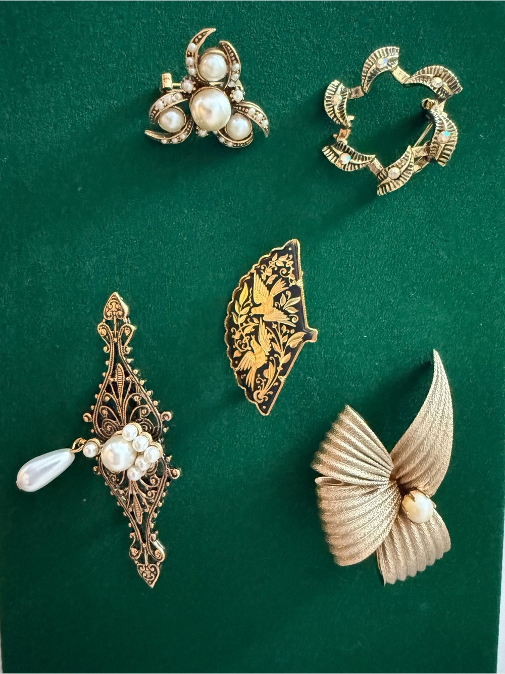Vintage Gold Tone Damascene /Mixed Pearl Brooch Collection